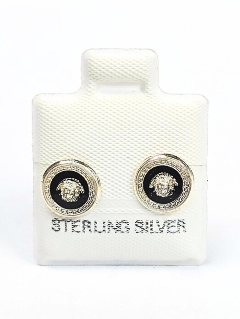 Medusa Versace Black Enamel Insp. Round Stud Earrings 925 Sterling Silver 8.5mm